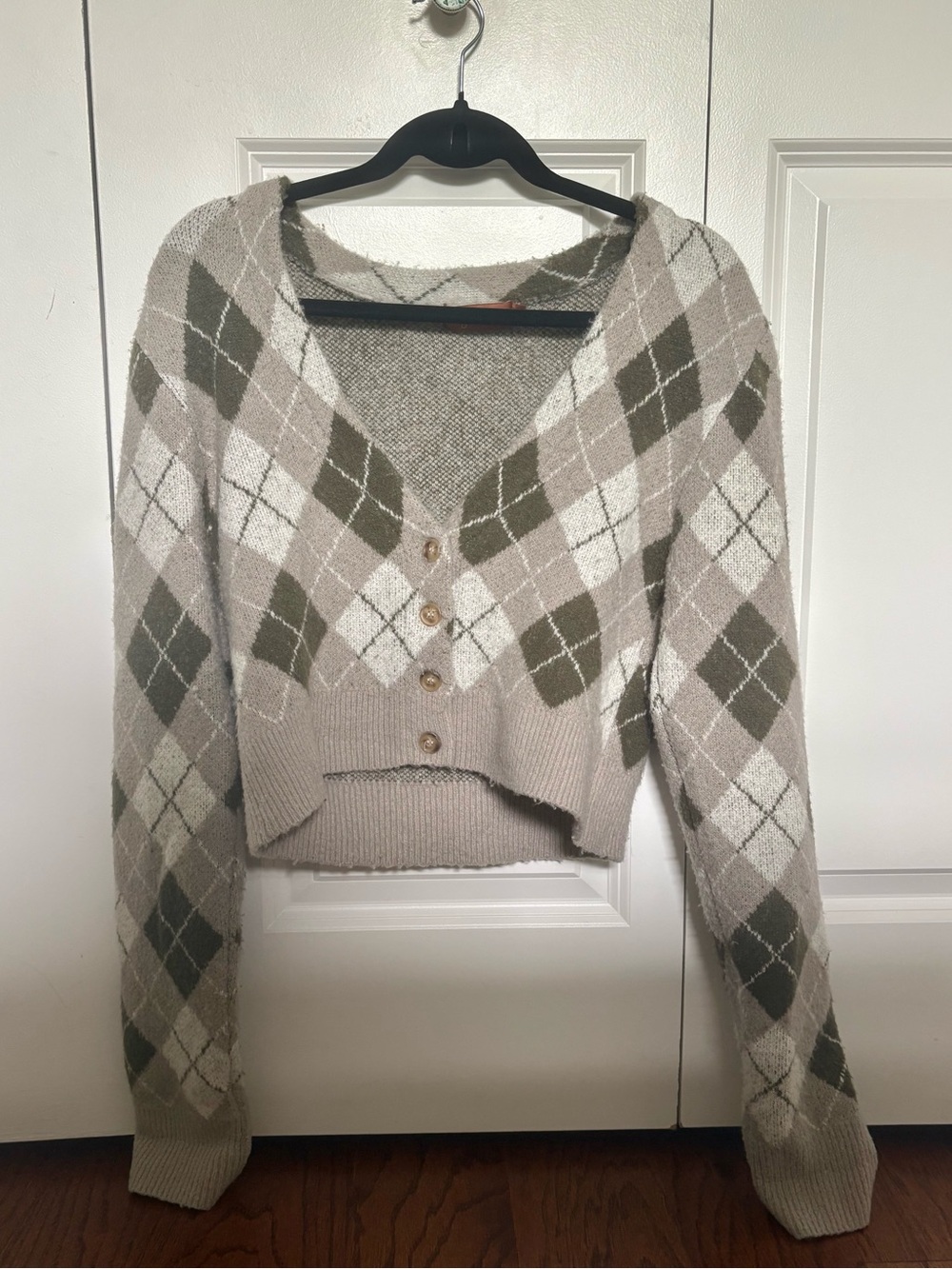 Beige Botany Cropped Argyle Cardigan